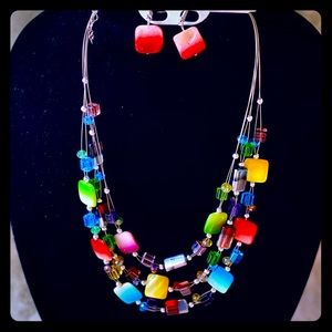 Multi Color, Multi String Earring Necklace Set